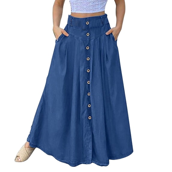Maxi Skirts for Women Spring Summer Casual Loose Solid Color A Line High Waist Skirt with Pocket Buttons Blue XXL