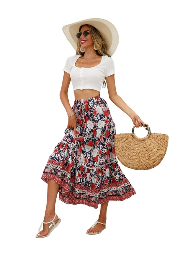 Maxi Skirts for Women Summer Boho Long Flowy Floral Elastic High Waist Skirt Casual Travel Skirt Red M