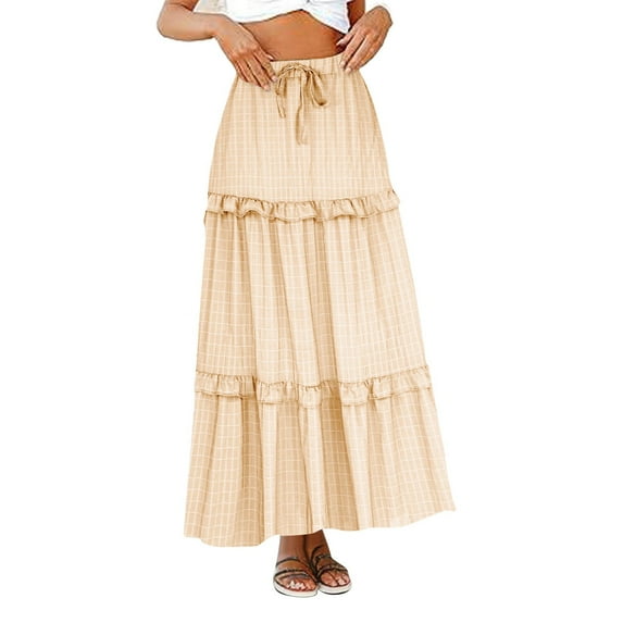 Maxi Skirts for Women Summer Clearance $5 qolati Long Beach Skirts Pleated Elastic Waist Ruffled Skirt for Swim,Night Out,Casual Office, Party