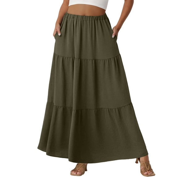 Maxi Skirts for Women Summer Elastic High Waist A-Line Flowy 3-Layer Tiered Ruffle Long Skirt with Pockets Army Green S
