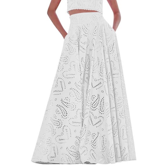 Maxi Skirts for Women Summer Fall High Waist Drawstring Long Skirt Ruffle Layered Medieval Skirts with Pockets White M