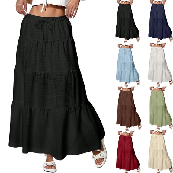 Maxi Skirts for Women Trendy Summer Tiered Midi Linen Skirt High Waisted A Line Long Flowy Skirt Gauze Beach Skirts,Black M