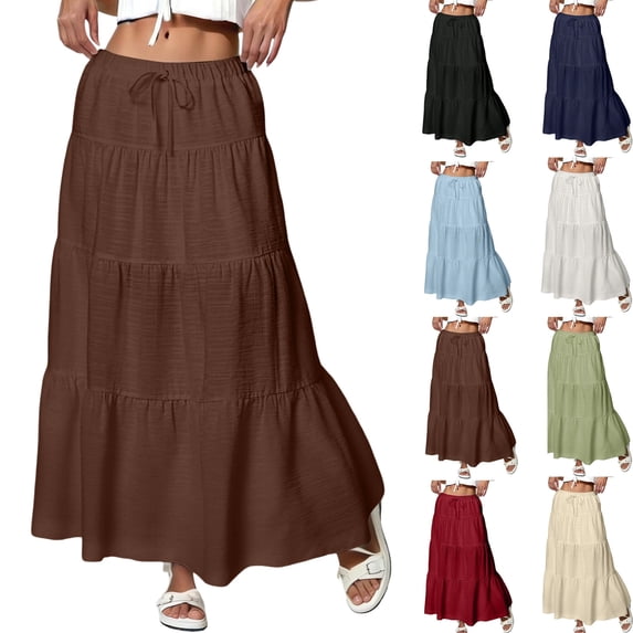 Maxi Skirts for Women Trendy Summer Tiered Midi Linen Skirt High Waisted A Line Long Flowy Skirt Gauze Beach Skirts,Coffee S