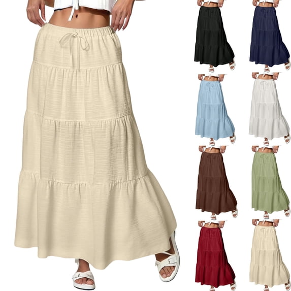 Maxi Skirts for Women Trendy Summer Tiered Midi Linen Skirt High Waisted A Line Long Flowy Skirt Gauze Beach Skirts,Khaki M