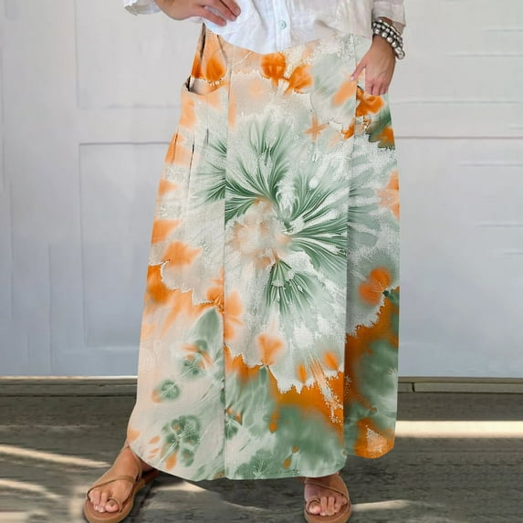 Maxi Skirts for Women Viikei Chiffon Skirt with Ruffles,Women's Printed Elastic Waistband Pleated Pocket Skirt With Mid Calf Skirt Green S