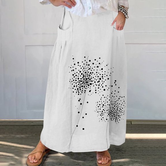 Maxi Skirts for Women Viikei Chiffon Skirt with Ruffles,Women's Printed Elastic Waistband Pleated Pocket Skirt With Mid Calf Skirt White XXXXL