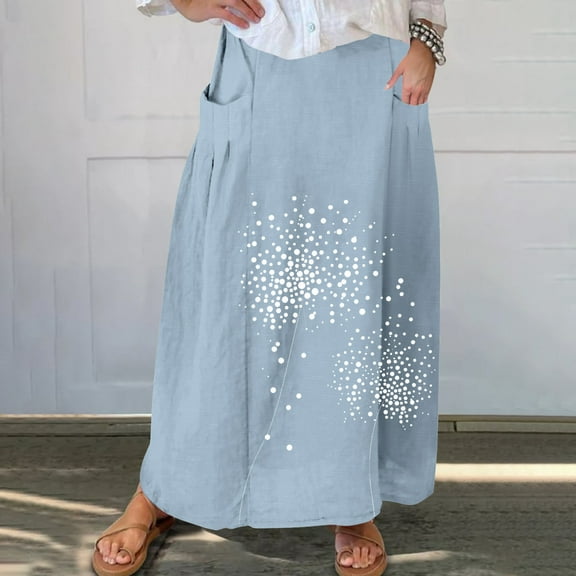 Maxi Skirts for Women Viikei Women's Skirt in Soft Pastel Shades,Women's Printed Elastic Waistband Pleated Pocket Skirt With Mid Calf Skirt Blue XXXL