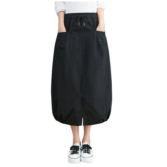 Maxi Skirts for Women Women's Baggy Skirts Elastic Waist Loose Fitting Skirt Casual Mid-Length Skirt Baggy Lantern Skirt Denim Midi Skirt Black M