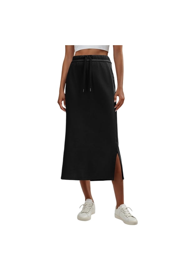 Maxi Skirts for Womens High Waist Trendy Drawstring Side Slit Skirts with Pockets Black 2XL