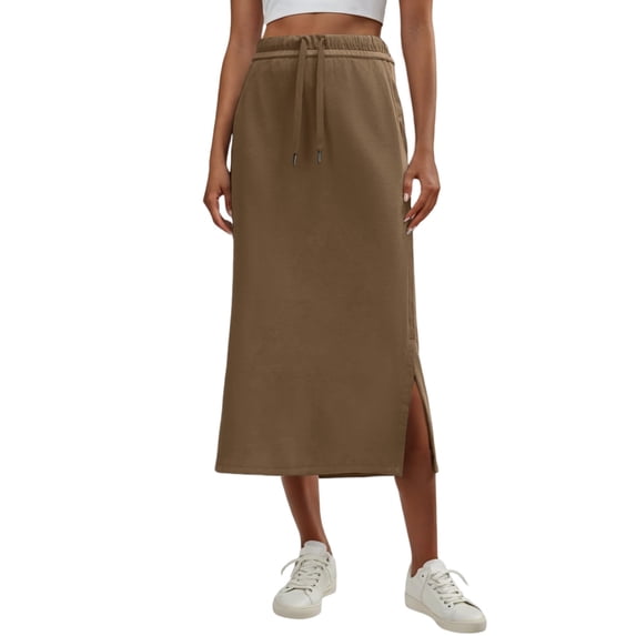 Maxi Skirts for Womens High Waist Trendy Drawstring Side Slit Skirts with Pockets Brown M
