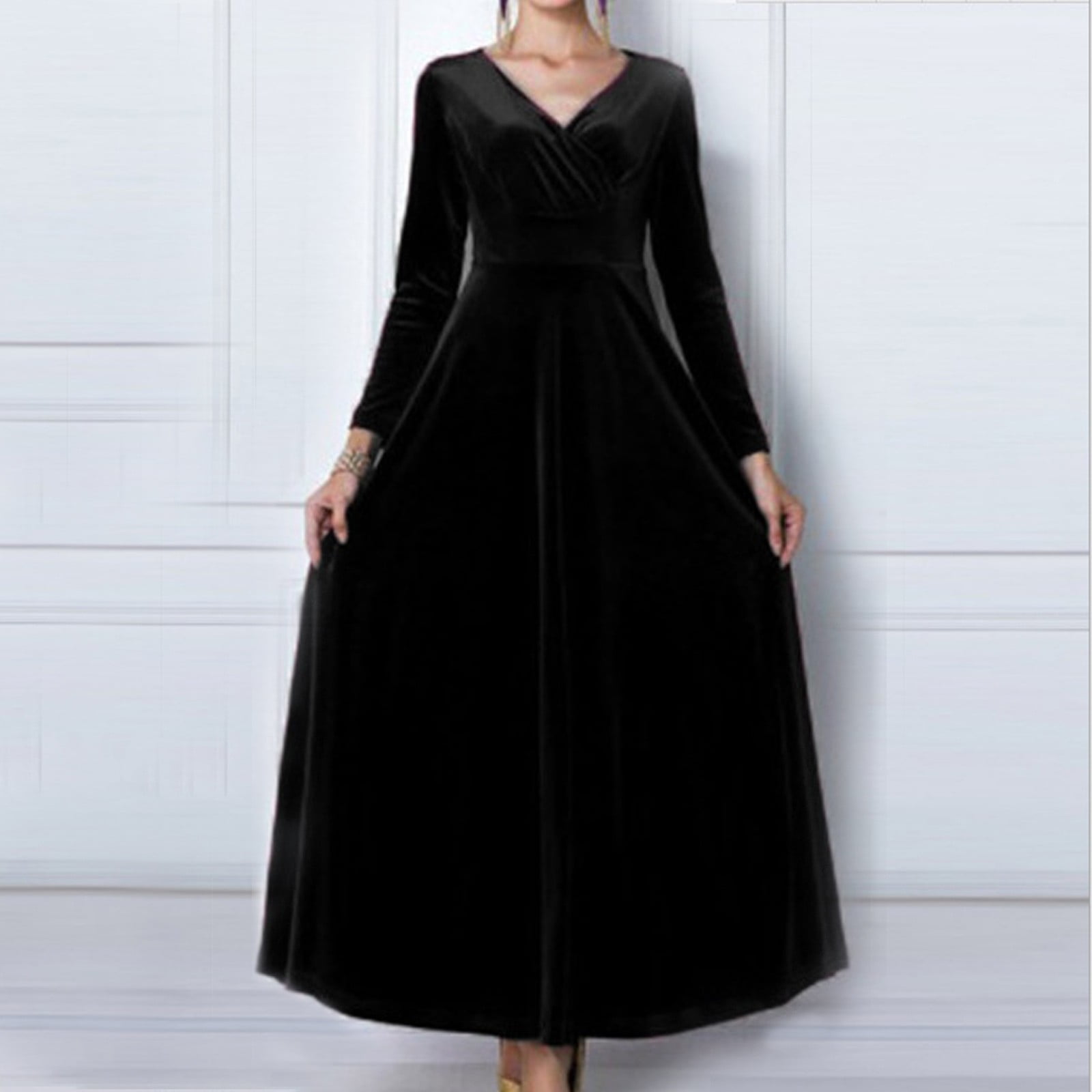 Maxi Sleeve Long black dresses v neck,Black velvet dress for women ...