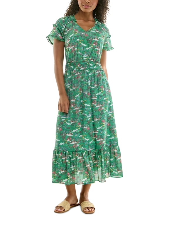 Women's Maxi Slub Dress With Bottom Fringe, Sizes XS-XXXL