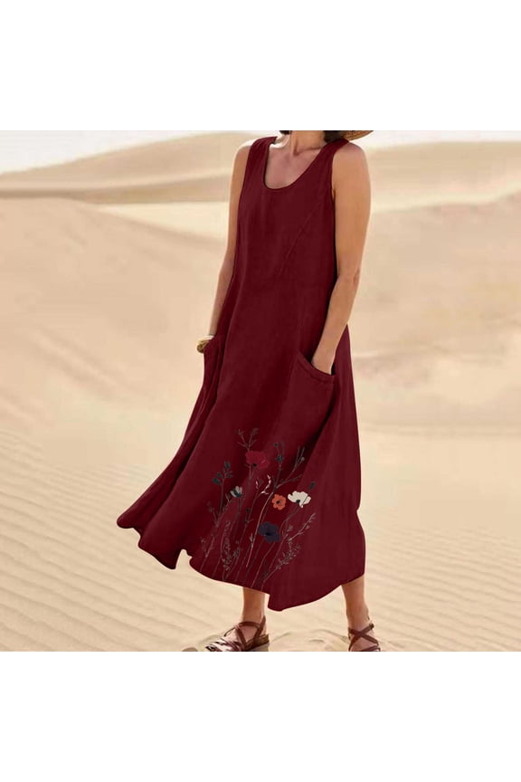 Maxi Sundress for Womens Summer Casual Sleeveless Flowy Long Dress Beach Floral Print Dresses with Pockets Red M
