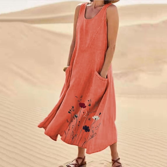 Maxi Sundress for Womens Summer Casual Sleeveless Flowy Long Dress Beach Floral Print Dresses with Pockets Watermelon Red M
