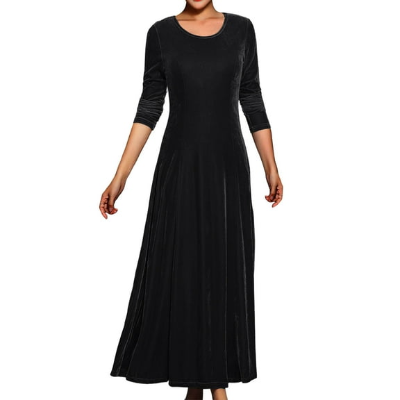 Maxi Velvet Dress for Women 3/4 Sleeve Long Flowy A-Line Deesses Elegant Casual Solid Color Fall Winter Party Dress