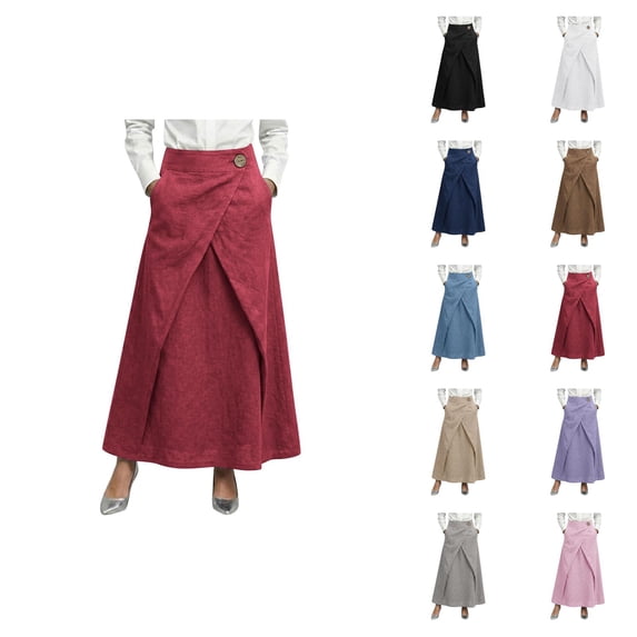 Maxi Wrap Skirts for Women Summer Elastic High Waisted Casual A Line Long Linen Skirt with Pockets
