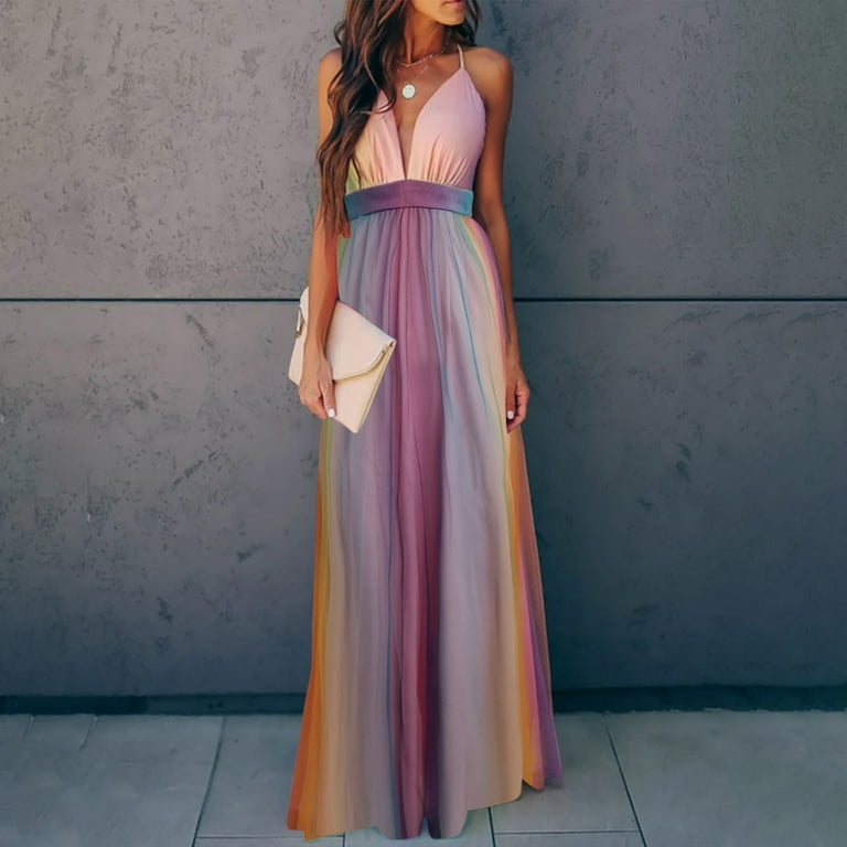 Maxi casual dresses for women summer Multi color Gradient Sling