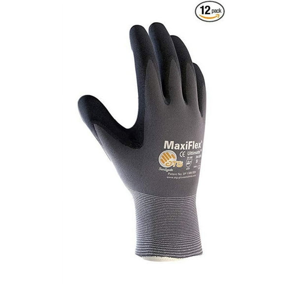 MaxiFlex Ultimate ATG 34-874 - MEDIUM 34-874/Seamless Knit Nylon/Lycra Glove with Nitrile Coated icro-Foam Grip on Palm and Fingers, Gray/Black (Pack of 12)
