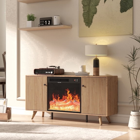 Manxile Modern Fireplace TV Stand for TVs Up to 70", Fluted Media Console Cabinet Entertainment Center for Living Room