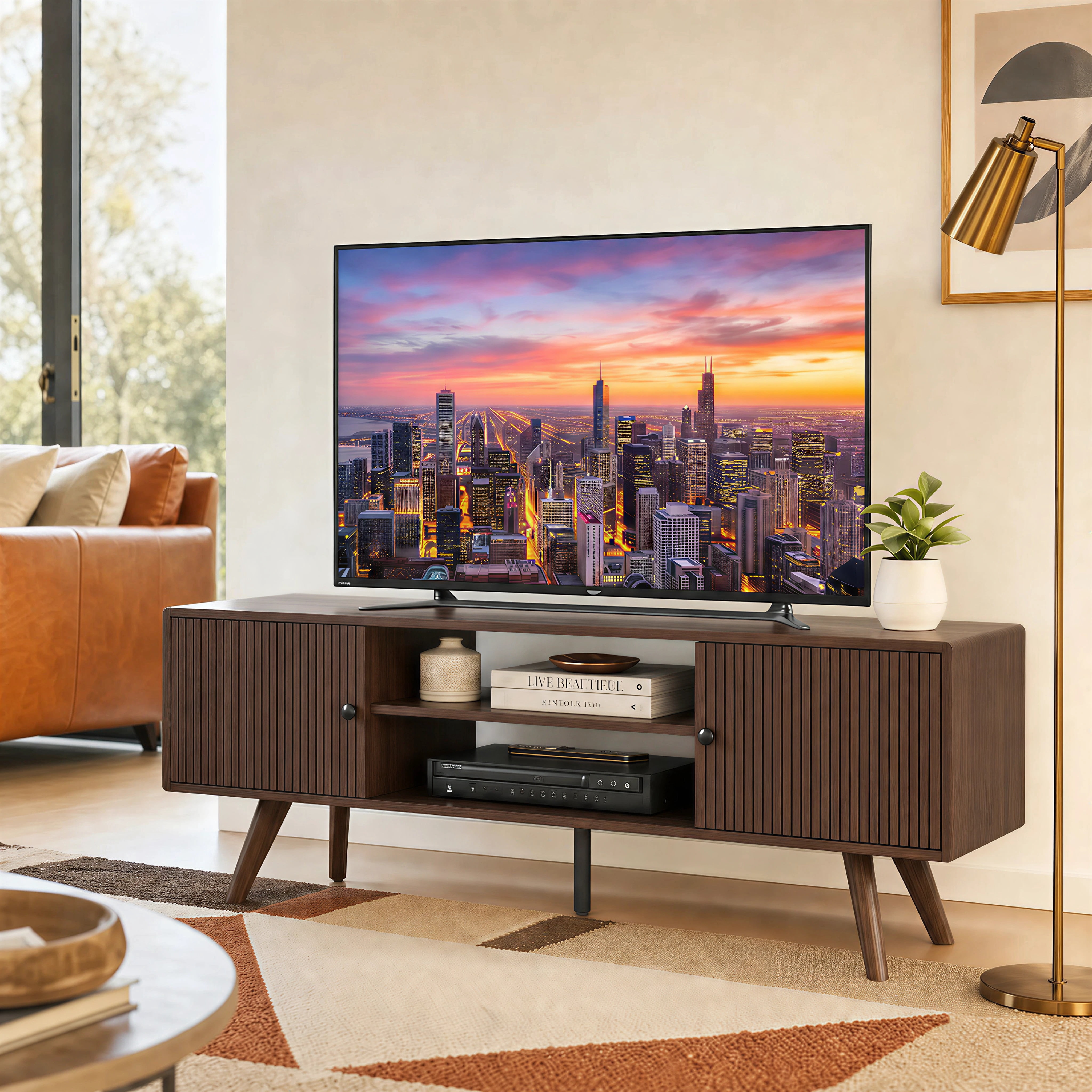 Manxile Mid Century Modern TV Console for Living Room Bedroom, Wood Entertainment Center with Storage and Shelves, Walnut