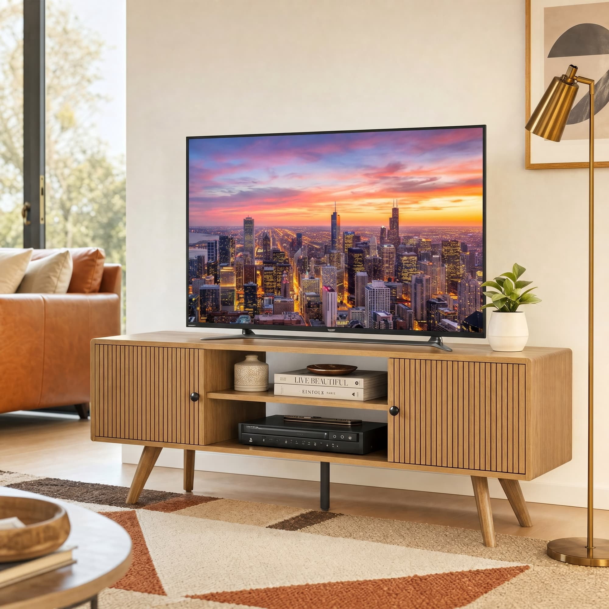 Manxile Mid Century Modern TV Console for Living Room Bedroom, Wood Entertainment Center with Storage and Shelves, Natural