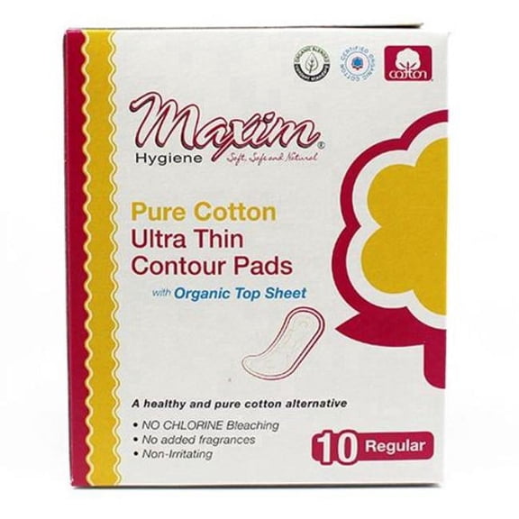 Maxim Chlorine Free Pure Cotton Ultra Thin Contour Pads, Unscented, Reg/Daytime Absorbency, with Leak Control Channels, Feminine Care Sanitary Napkins, 30ct, 3 Packs