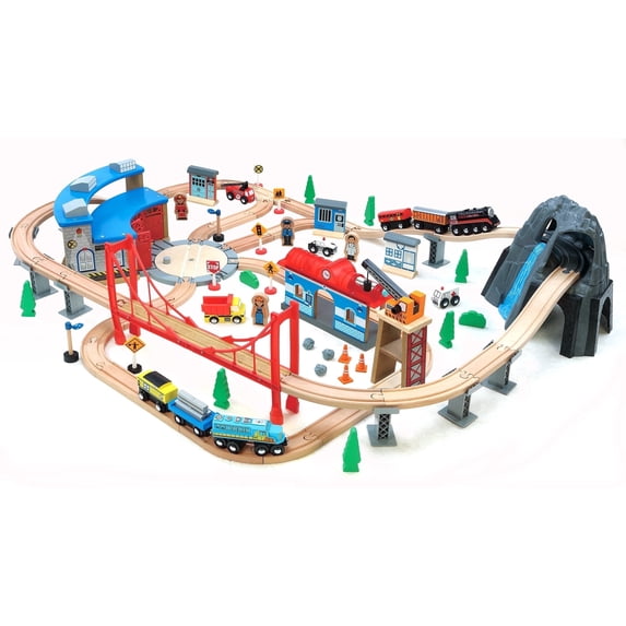 Maxim 100 pc Mountain Wooden Train Set with Roundhouse for Toddler with Double-Side Train Tracks compatible with all major name brand, Kids Wood Toy Train sets for 3,4,5-Year-Old Boys and Girls