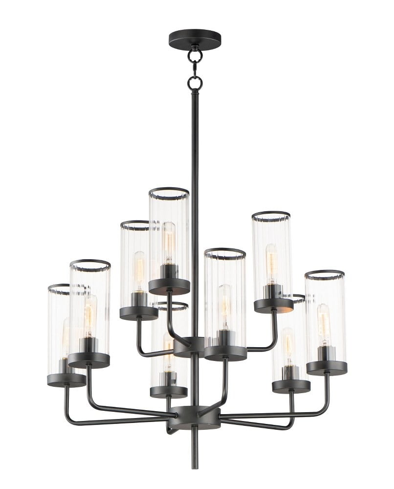 Elegant Black Crystal 9-Light Chandelier with Clear Ribbed Glass Shades