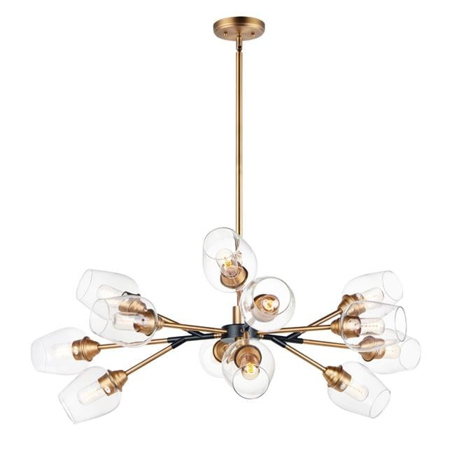 Antique Brass & Black 12-Light Chandelier with Clear Glass Shades