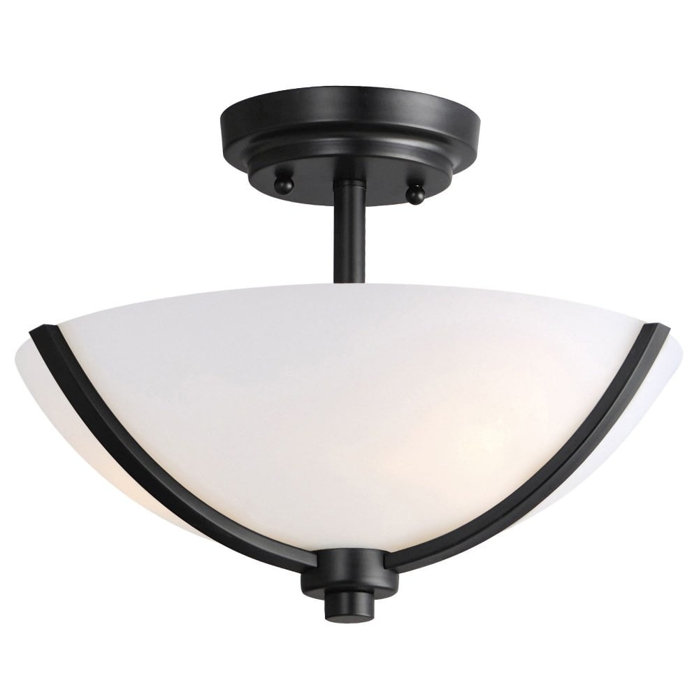 Black and Opal White Glass 3-Light Semi-Flush Mount Ceiling Fixture