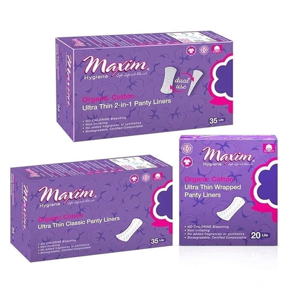 Maxim® Organic Cotton Thong Pantiliners, Pack of 3 | Individually Wrapped G-String Liners, Unscented & Hypoallergenic for Sensitive Skin, Ultra-Thin & Biodegradable