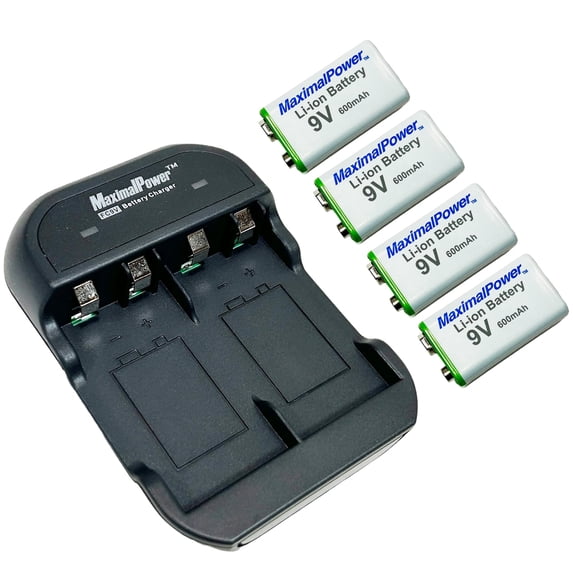 MaximalPower 9V Li-ion Batteries (4 Pack) and Dual Port Charger for Charging 9V li-ion Rechargeable Batteries