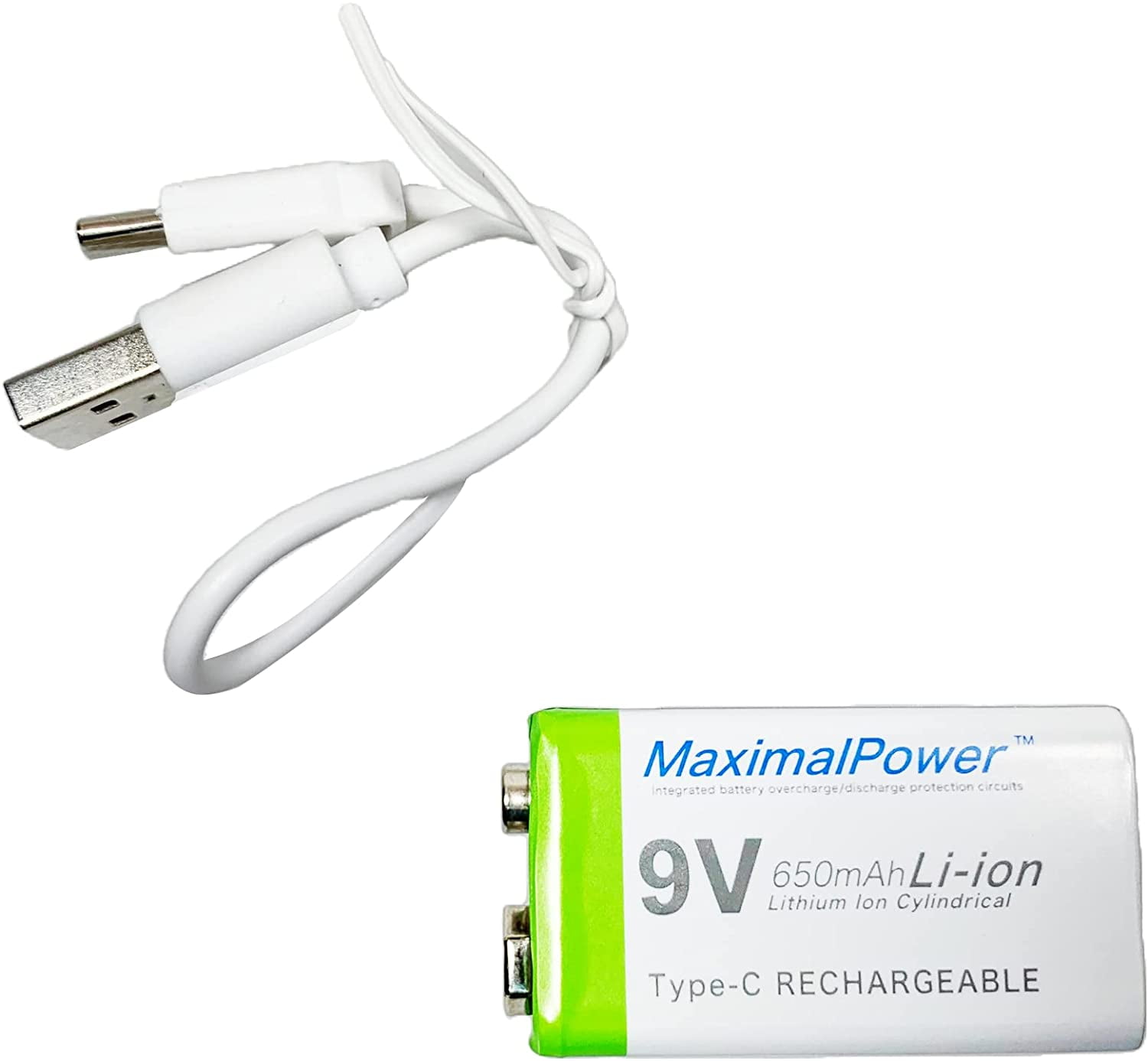 MaximalPower 9V Rechargeable Li-ion Battery 650mAh w/ USB Type-C Charging Cord | For Toys, Smoke Detectors, Guitar Pedals, Portable Radios, etc. (1 Pack)