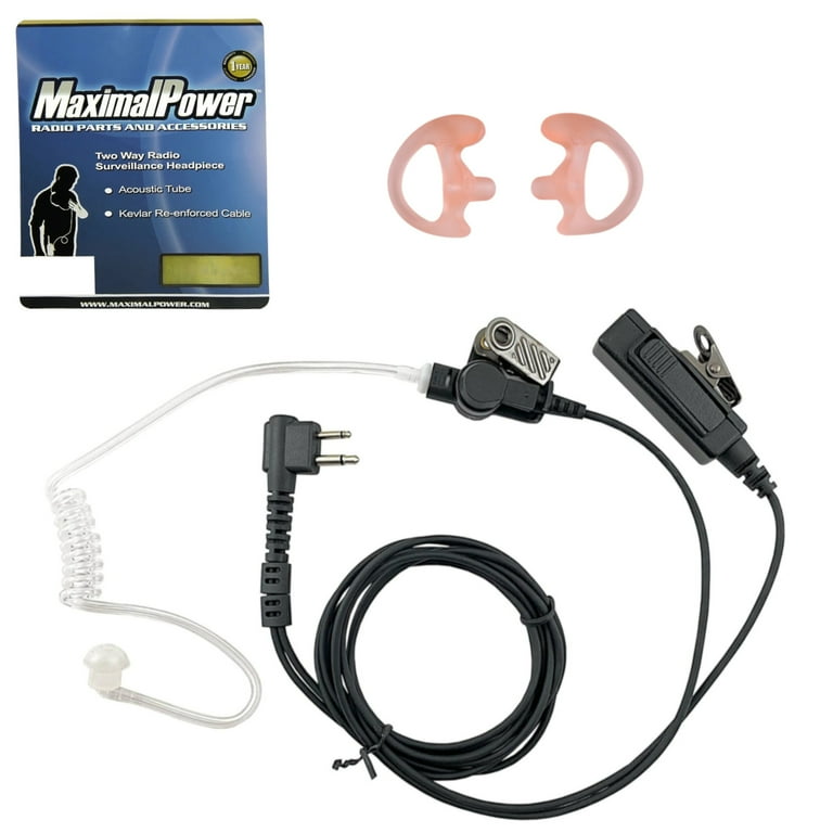 MaximalPower High Quality Acoustic Tube Earpiece Surveillance Kit with PTT and with Kevlar Enforcement In The Cable for Motorola 2 Pin Plug w Earmold