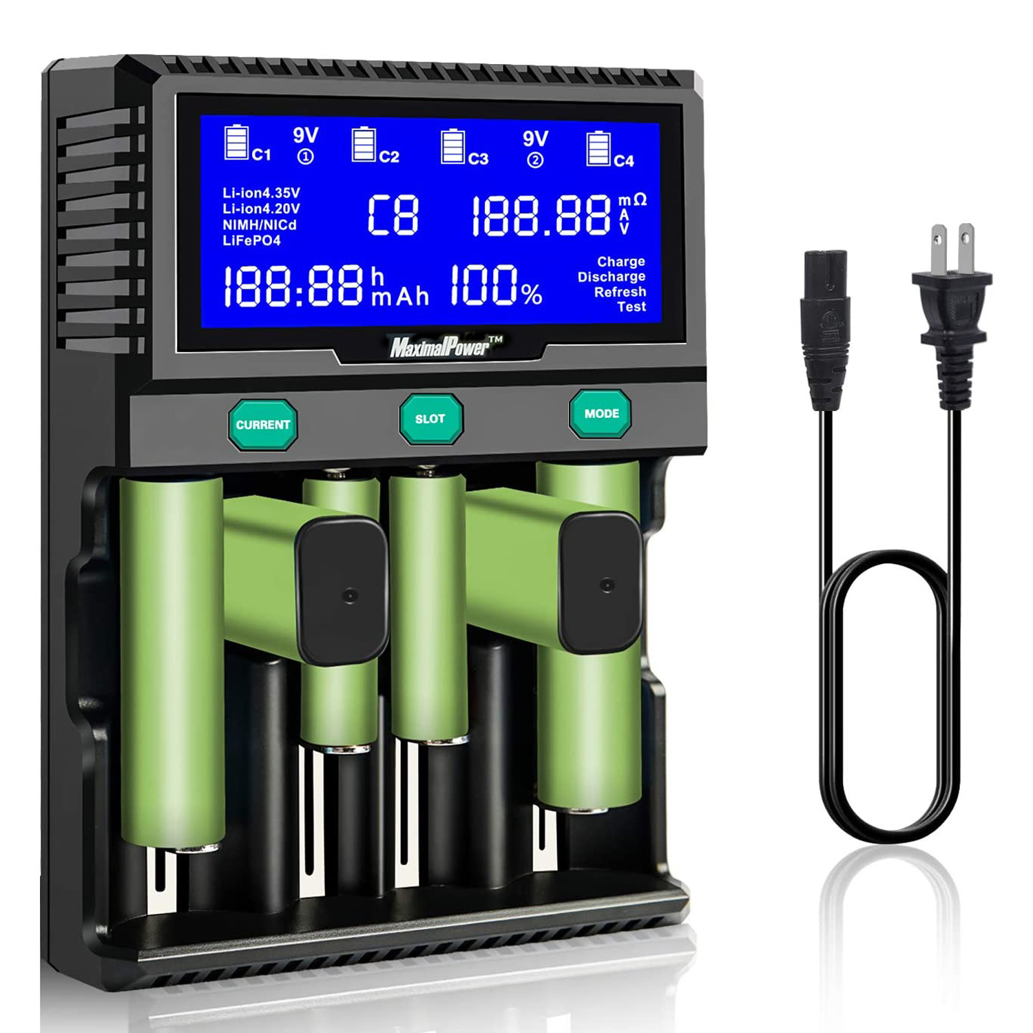 MaximalPower Universal Smart Battery Charger - LCD Display, 6 Bays For 9V, AA, AAA, C, D, Li-ion, Ni-MH