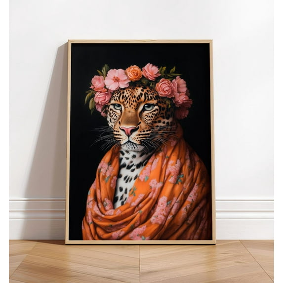 Maximalist Boho Leopard Art Print, Bold Animal Portrait, Altered Animal Poster, Fun Colourful Wall Art, Flowery Vintage Floral Art Wall Art, Modern Wall Decor, 24x36 UNFRAMED