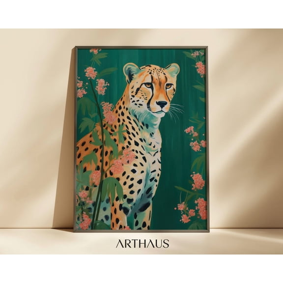 Maximalist Cheetah Hand Drawn Green Floral Art Print Unframed Paper Print