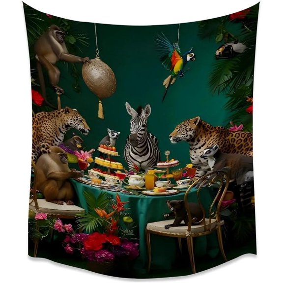 Maximalist Exotic Art Tapestry Vintage Aesthetic Jungle Animal Tea Party Print Tapestries Bold Tropical Leopard and Zebra Wall Hanging for Bedroom Living Room Dorm Gallery Wall Decor white30x40inch