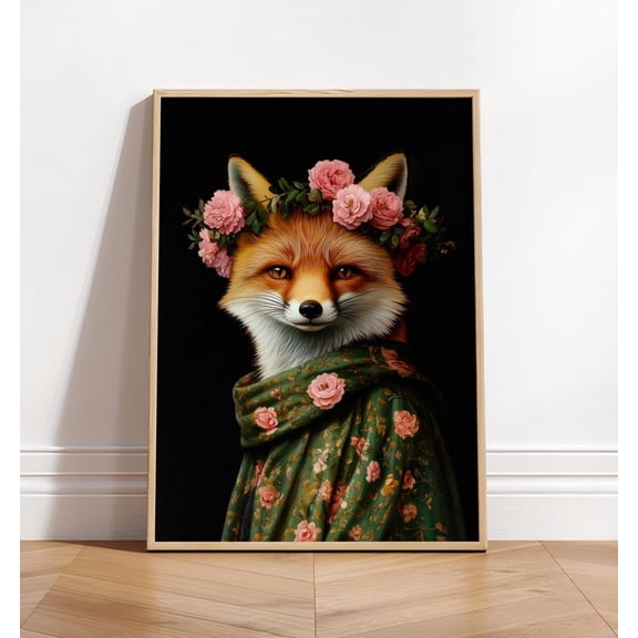 Maximalist Fox Print, Altered Animal Poster, Bold Animal Portrait, Dark Botanical Aesthetic Poster, Flowery Vintage Floral Art Wall Art, Modern Wall Decor, 8x12 UNFRAMED
