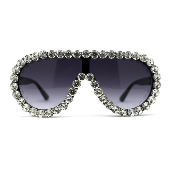 Maximalist Heavy Rhinestone Iced Plastic Racer Shield Sunglasses Black Smoke