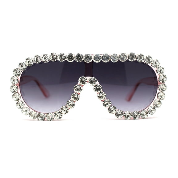 Maximalist Heavy Rhinestone Iced Plastic Racer Shield Sunglasses Pink Smoke