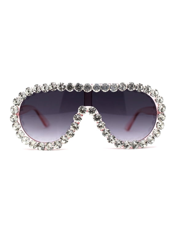 Maximalist Heavy Rhinestone Iced Plastic Racer Shield Sunglasses Pink Smoke