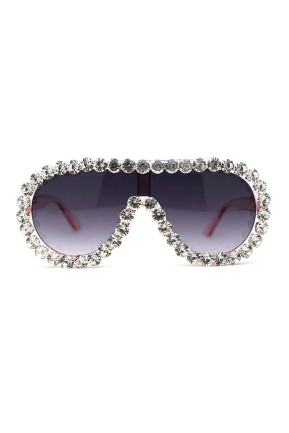 Maximalist Heavy Rhinestone Iced Plastic Racer Shield Sunglasses Pink Smoke