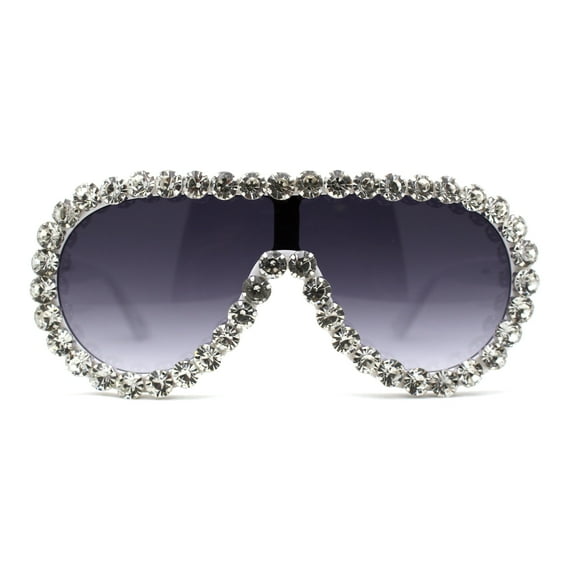 Maximalist Heavy Rhinestone Iced Plastic Racer Shield Sunglasses White Smoke