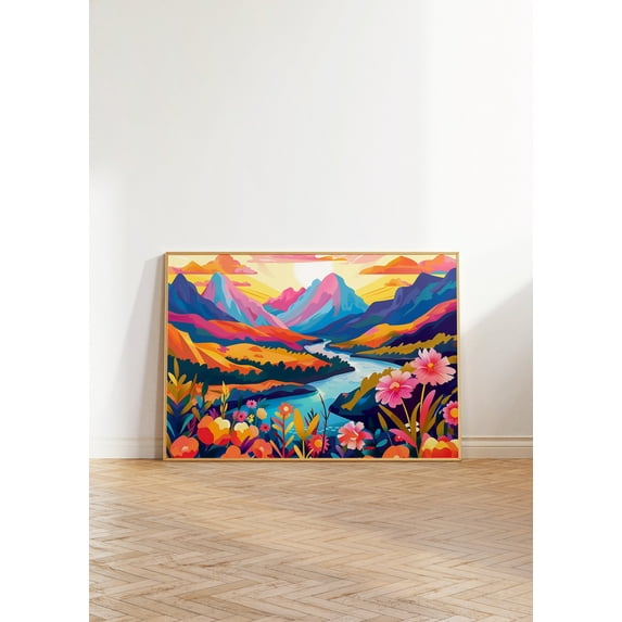 Maximalist Landscape Wall Art, Colorful Floral Print, Abstract Vibrant Mountain Art, Acrylic Illustration Poster, Sunset Scenery Art Wall Art, Modern Wall Decor, 12x18 UNFRAMED