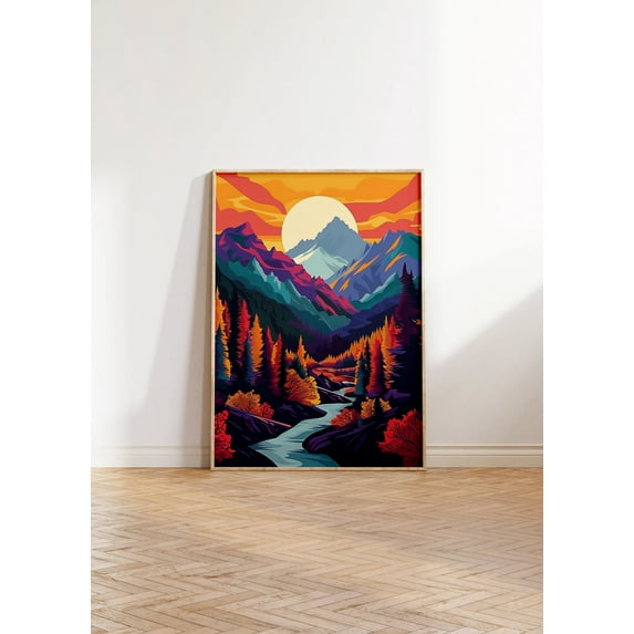 Maximalist Landscape Wall Art, Vibrant Floral Print, Colorful Vibrant Mountain Art, Acrylic Illustration Poster, Sunset Scenery Art Wall Art, Modern Wall Decor, 8x12 UNFRAMED