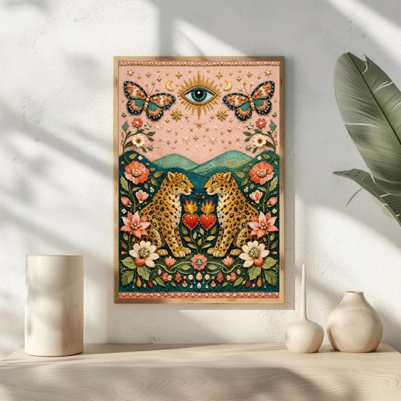 Maximalist Leopard Faux Embroidery Sacred Heart Evil Eye, Unframed Poster