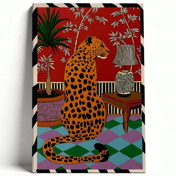 Maximalist Leopard in Red Room Canvas Wall Art Mid Century Modern Cheetah Painting Eclectic Living Room Office Decor Print Ready to Hang 8*12