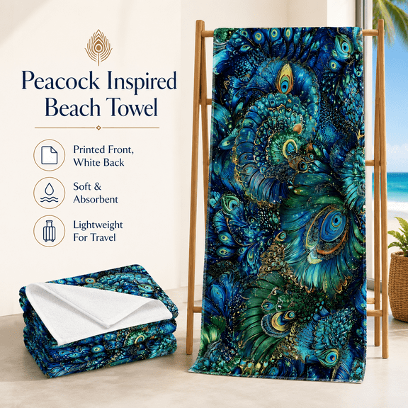 Maximalist Peacock Feather Emerald Blue Luxury Art Microfiber Sandless Quick Dry Absorbent Beach Towel Women Men Pool Swim Festival Yacht Gorgeous Gift 30x60 Inch