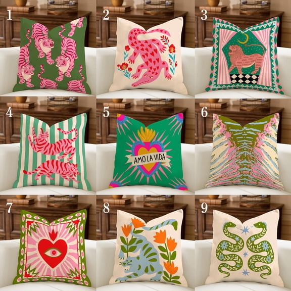 Maximalist Polyester Pillow Cover Collection, Dopamine Decor, Pink Green Eclectic Cushion, Tiger Snake Heart Modern Folk Art Design